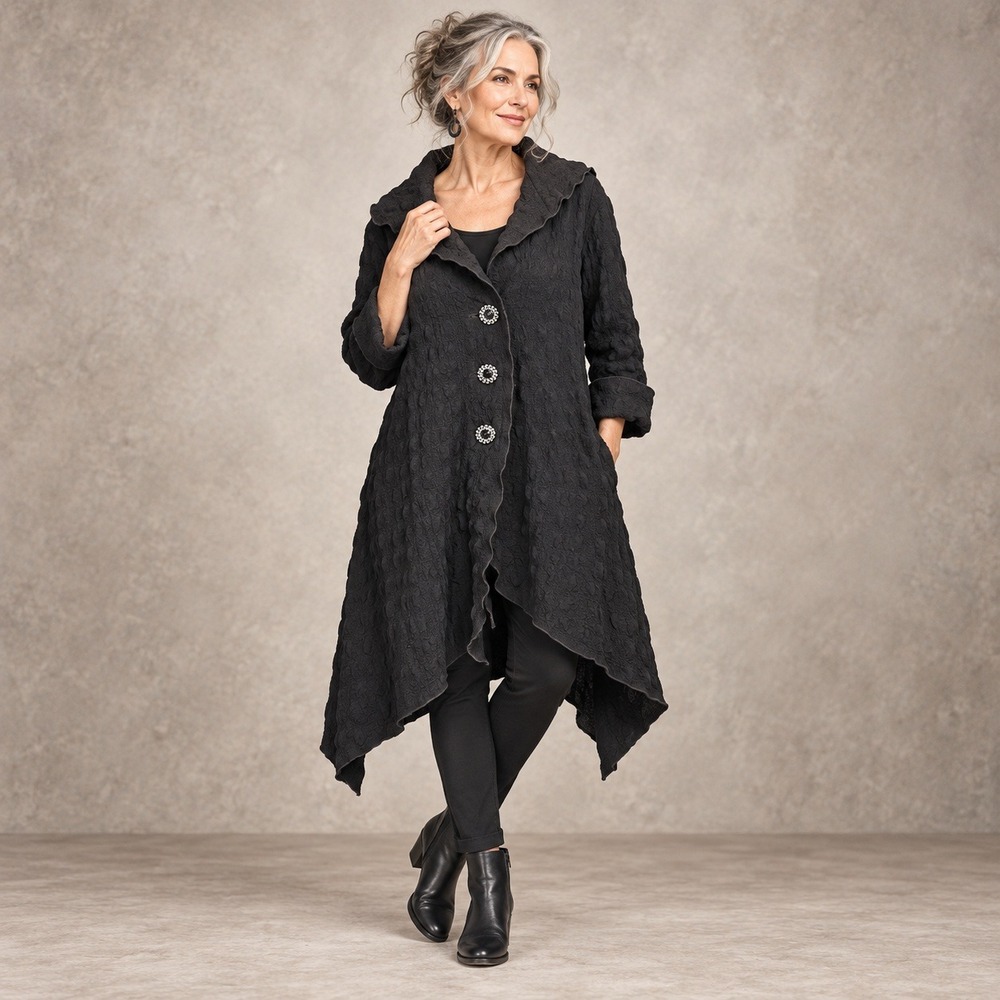 Courtney Washington Black Crinkle Duster Lagenlook Witchy Avant Garde Size M